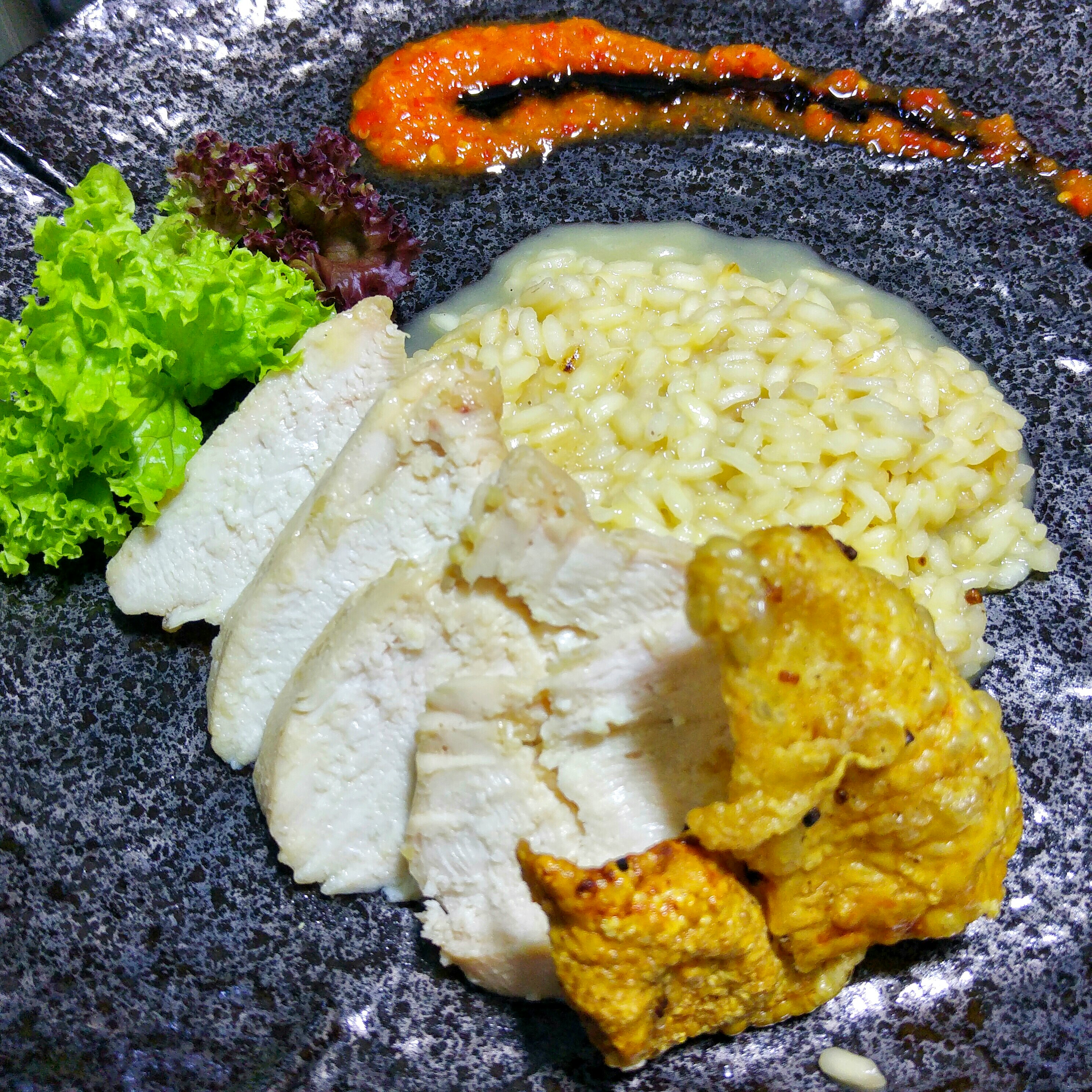 Singapore Hainanese Style Chicken Risotto with Vide Chicken and Chicken Crackling - eckitchensg