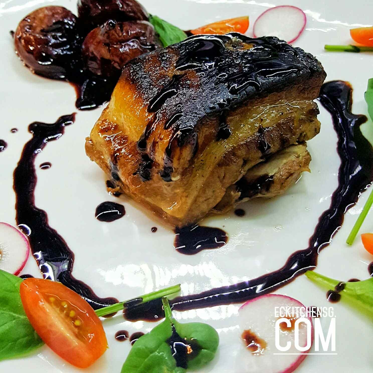 Slow roasted pork belly with glazed chestnuts and radicchio recipe